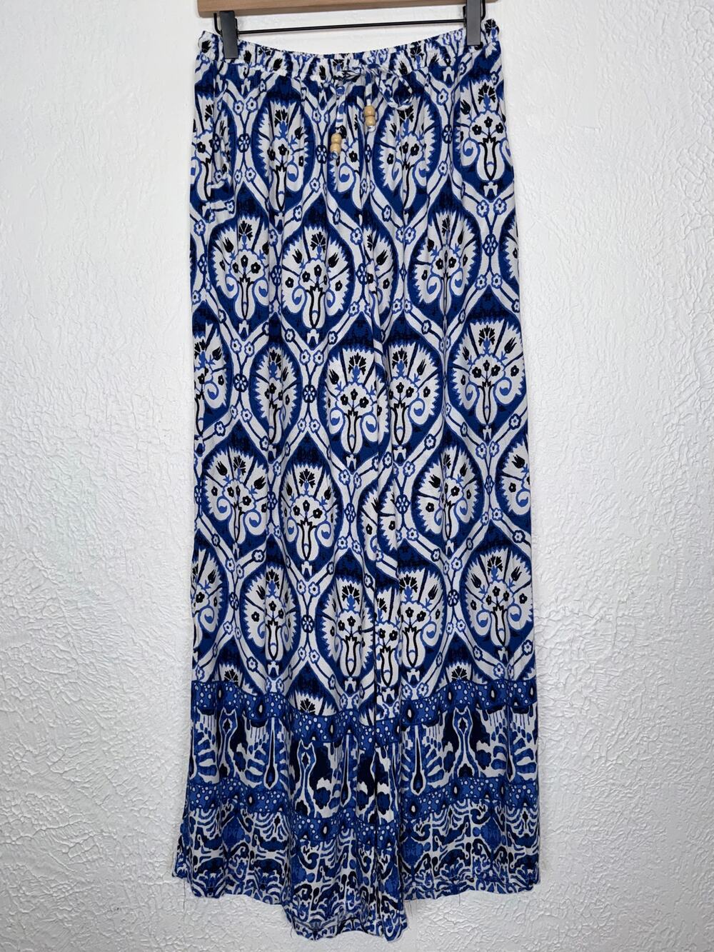 Haute Hippie Style Blue White Boho Printed Wide Leg Palazzo Pants Size Large - Picture 1 of 5